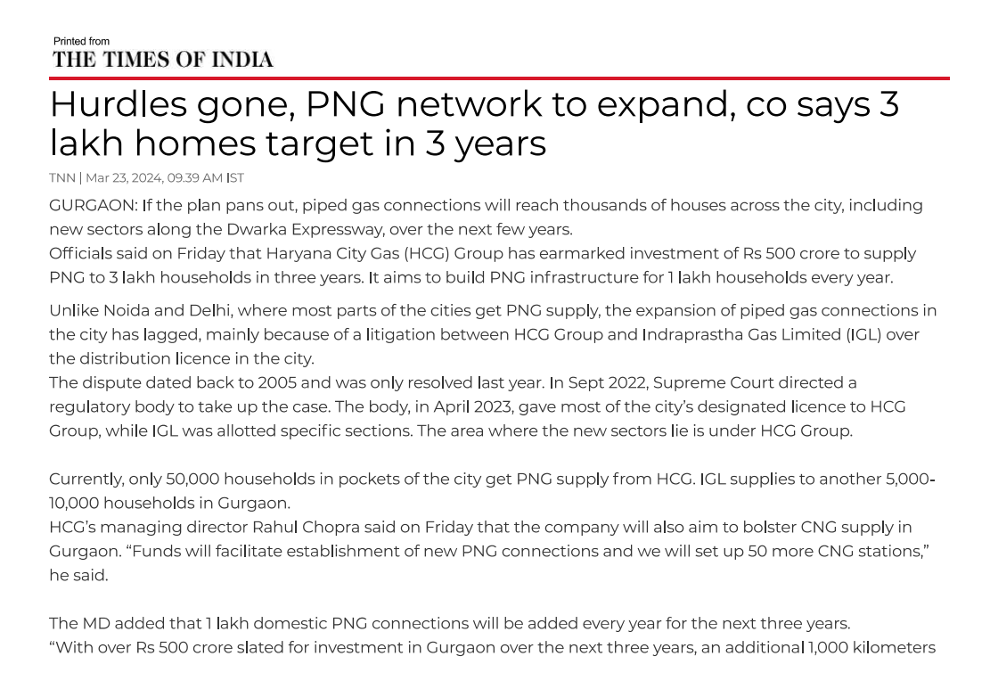The Times Of India | Hurdles gone, PNG network to expand, co says 3 lakh homes target in 3 years